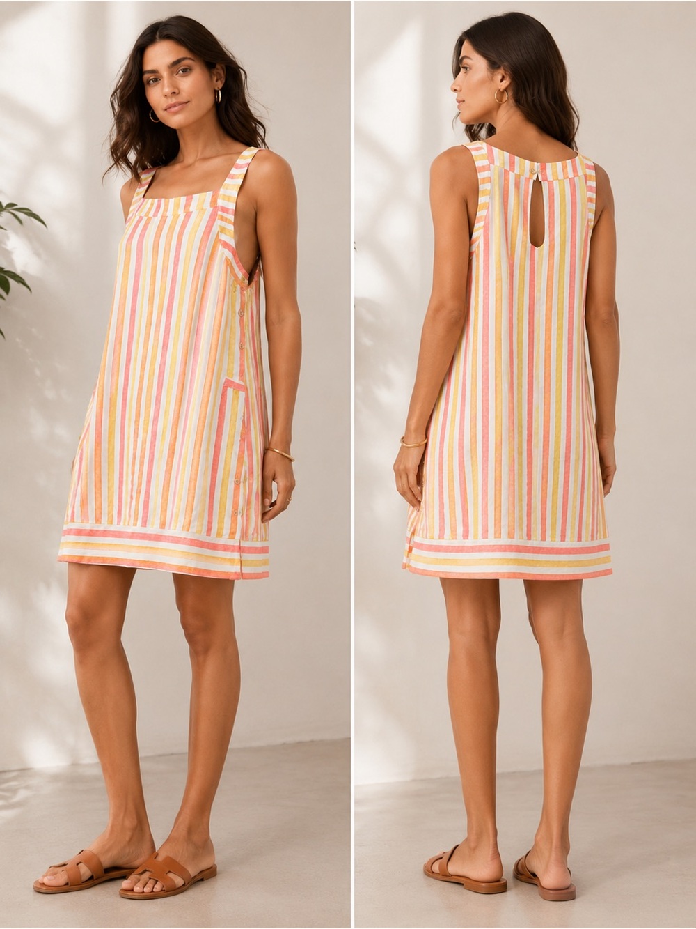 For Cynthia Striped Linen Summer Tunic Dress with Button Down Side Size M